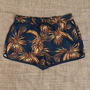 EUC H&M Teal, Navy, Gold, & Brown Palm Print Women’s Athletic Shorts, size L